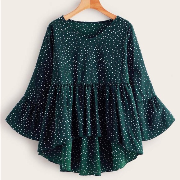 Tops - Green with White Polka Dots High-Low Top